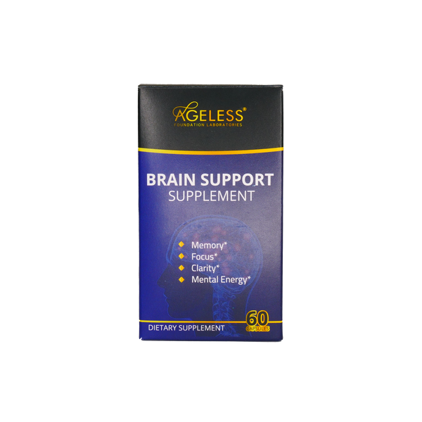 Ageless Brain Support Supplement, Clinically Tested Nootropics to Improve Focus and Mental Clarity, Vitamin A to E Folic Acid Biotin Coenzyme Q10, for Men & Women, Two Pills a Day, 60 Capsules