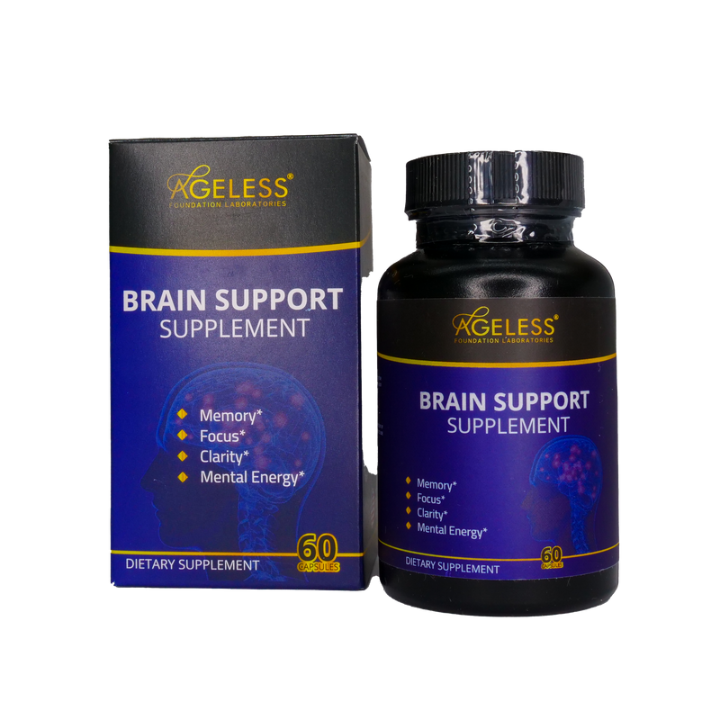 Ageless Brain Support Supplement, Clinically Tested Nootropics to Improve Focus and Mental Clarity, Vitamin A to E Folic Acid Biotin Coenzyme Q10, for Men & Women, Two Pills a Day, 60 Capsules