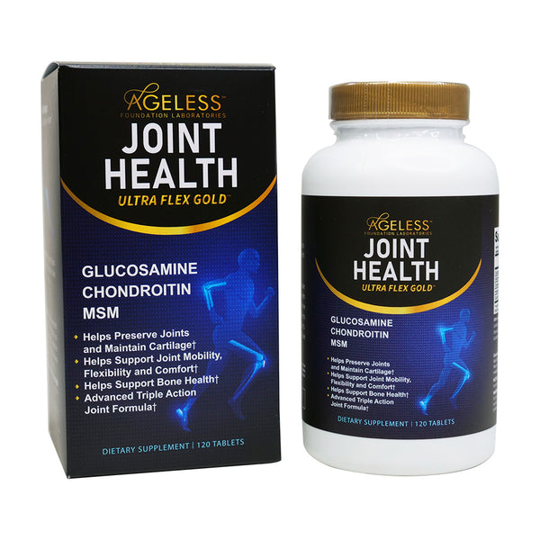 Ageless Ultra Flex Gold Joint Health Glucosamine & Chondroitin with MSM, Alleviates Occasional Discomfort In Joints Such as Cervical Spine, Ankle, Knee and Wrist, 120 Table