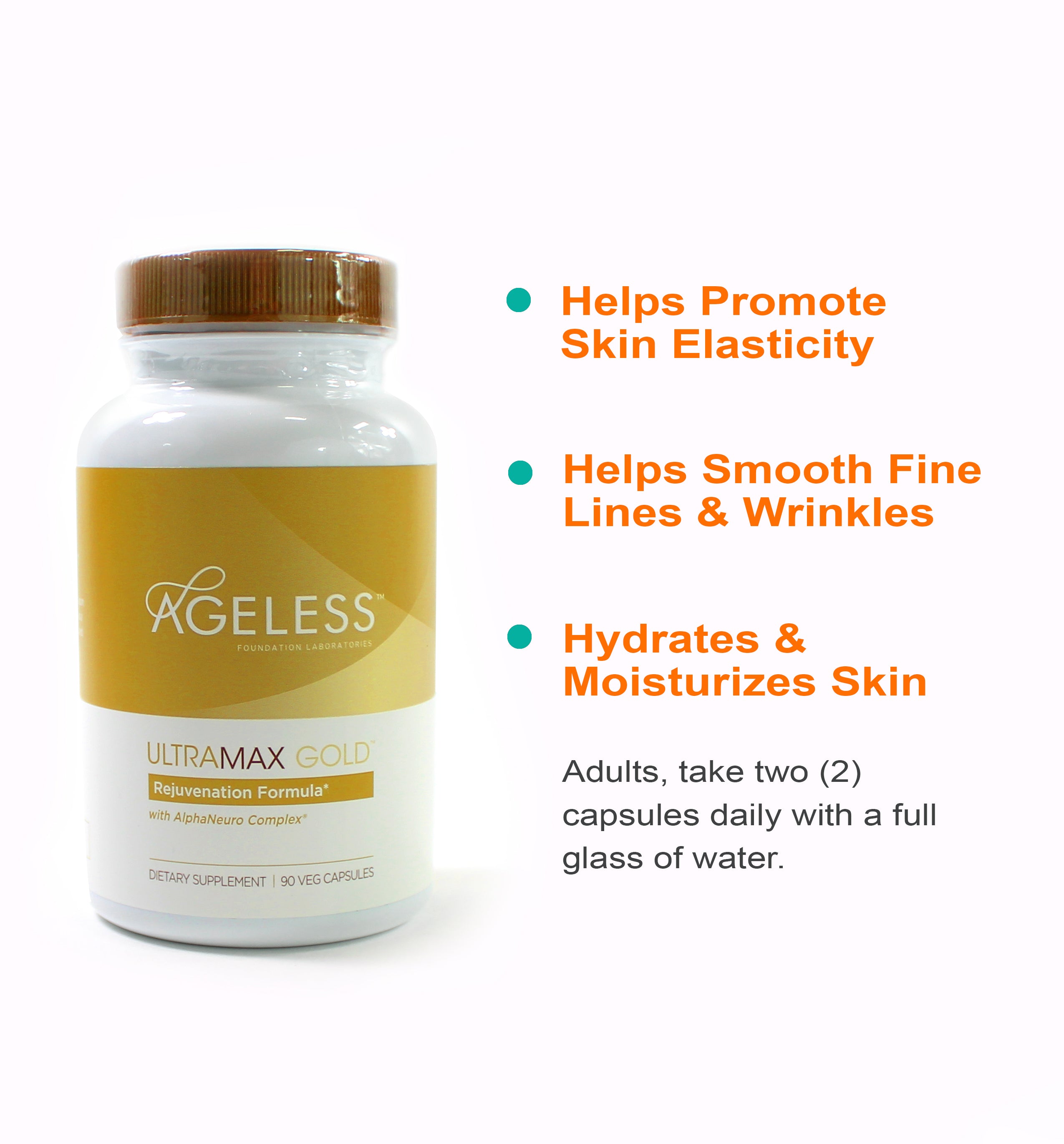 AGELESS™: UltraMAX Gold™ Capsules, HGH Anti-Aging Supplement for Women, Slows Cellular Aging, Supports Immune Health, Smoother Skin Tone and Restorative Sleep, Weight Management, 90 Capsules