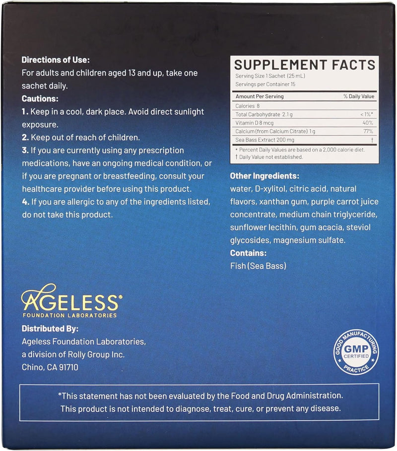 Ageless Liquid Calcium for Adults with Sea Bass Extract 25 ml (15 Count)