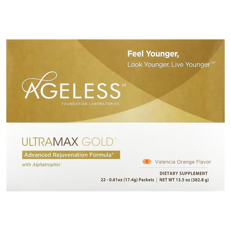AGELESS UltraMAX Gold Effervescent Powder, HGH Anti-Aging Supplement for Women, Help Women Rejuvenate Their Faces Return to Youthfulness, Mens Supplement, Valencia Orange Flavor 22 Packets
